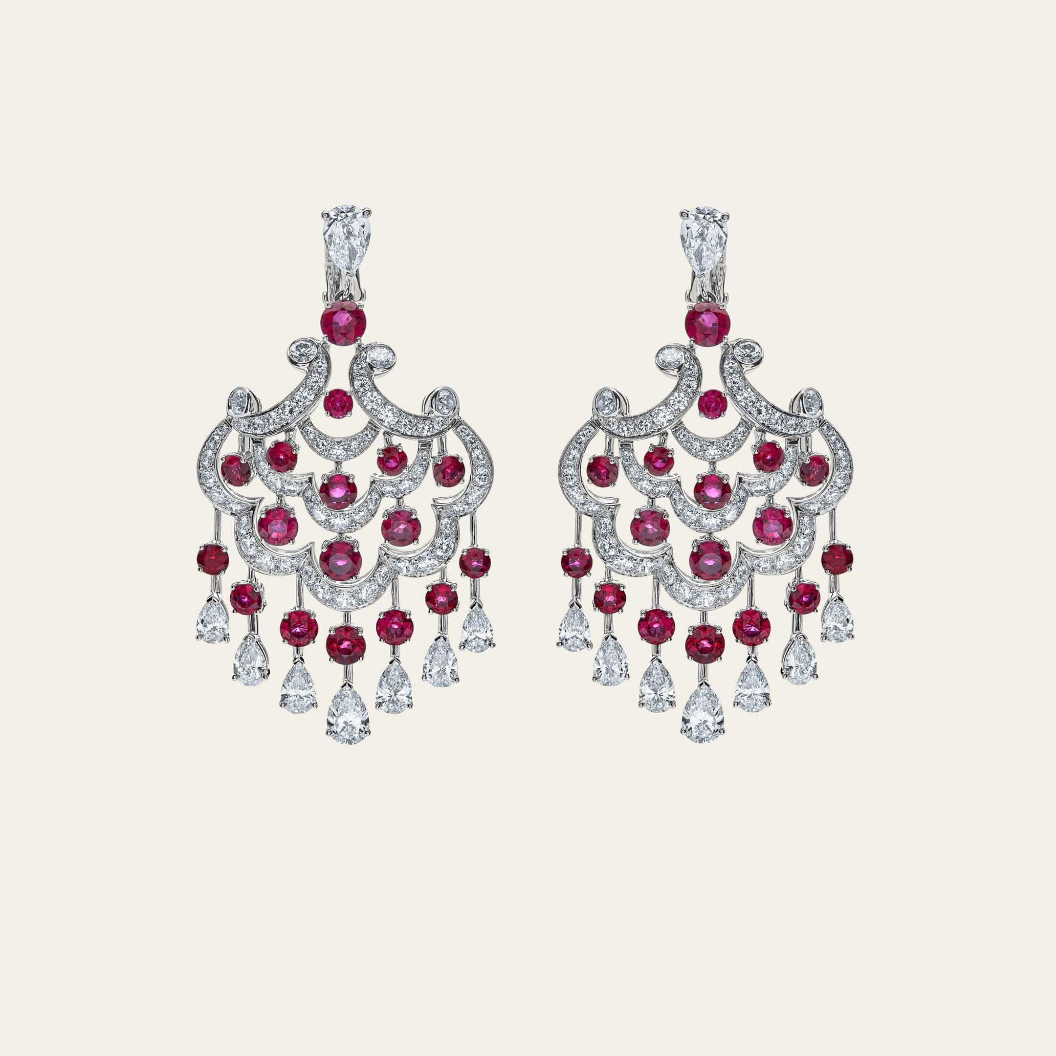 Graff White Gold Ruby and Diamond Chandelier Earrings
