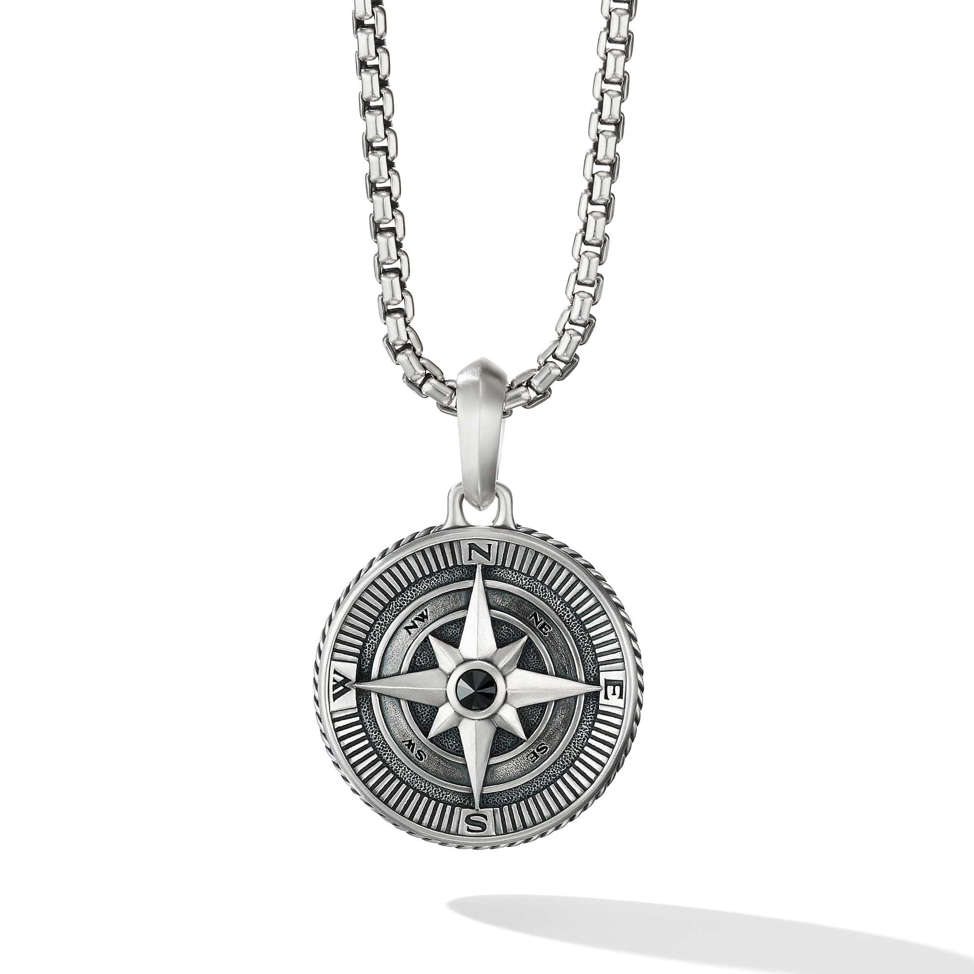 Maritime Compass Amulet in Sterling Silver with Center Black Diamond