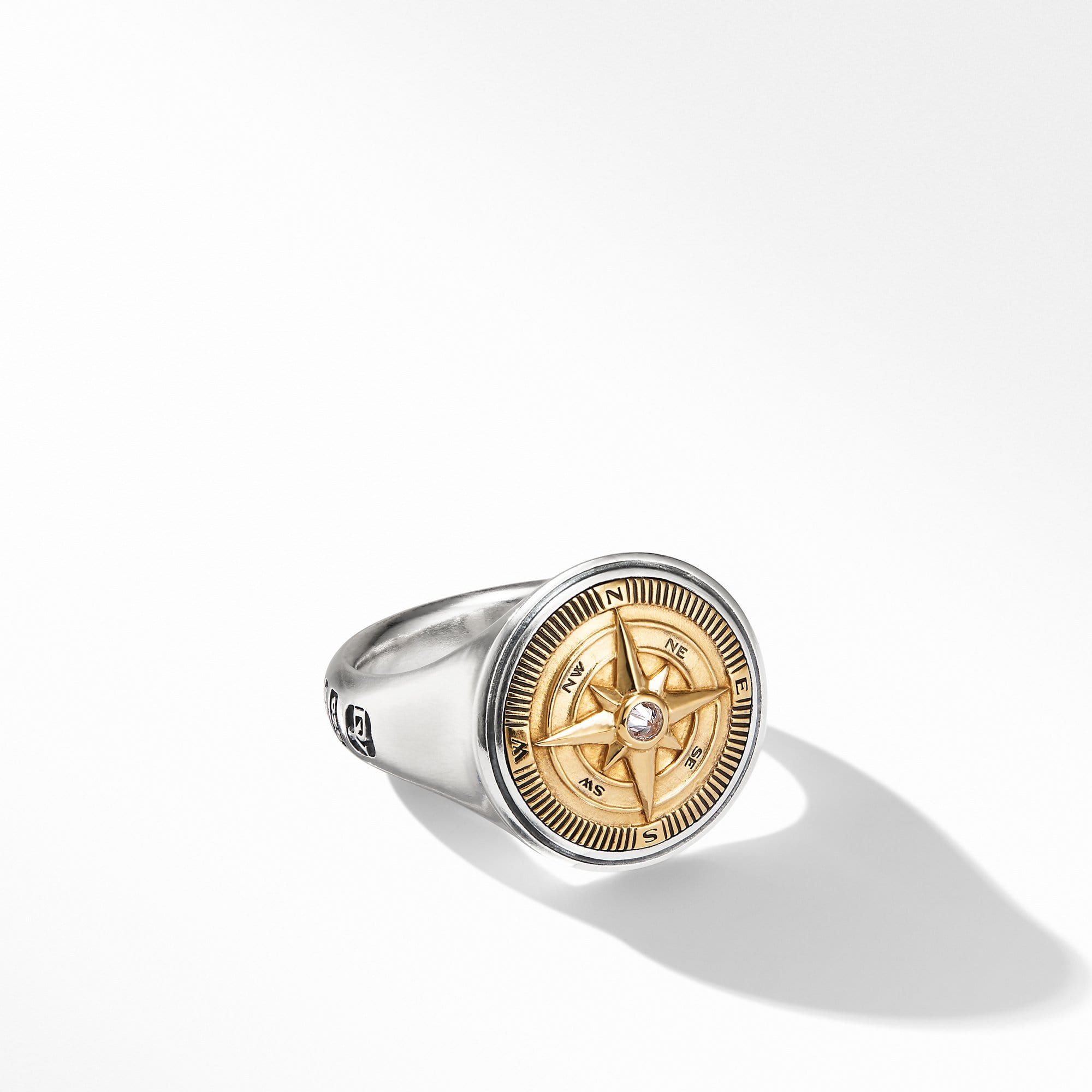 Maritime Compass Signet Ring with 18K Yellow Gold and Center Diamond