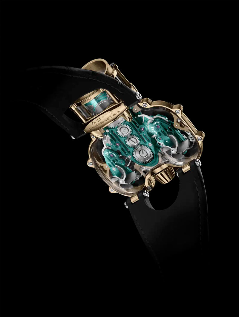 MB&F 91.SYL.GR  Horological Machine No.9 'Flow'  Sapphire Vision Yellow Gold Green Dial Limited Edition