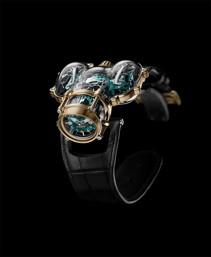 MB&F 91.SYL.GR  Horological Machine No.9 'Flow'  Sapphire Vision Yellow Gold Green Dial Limited Edition