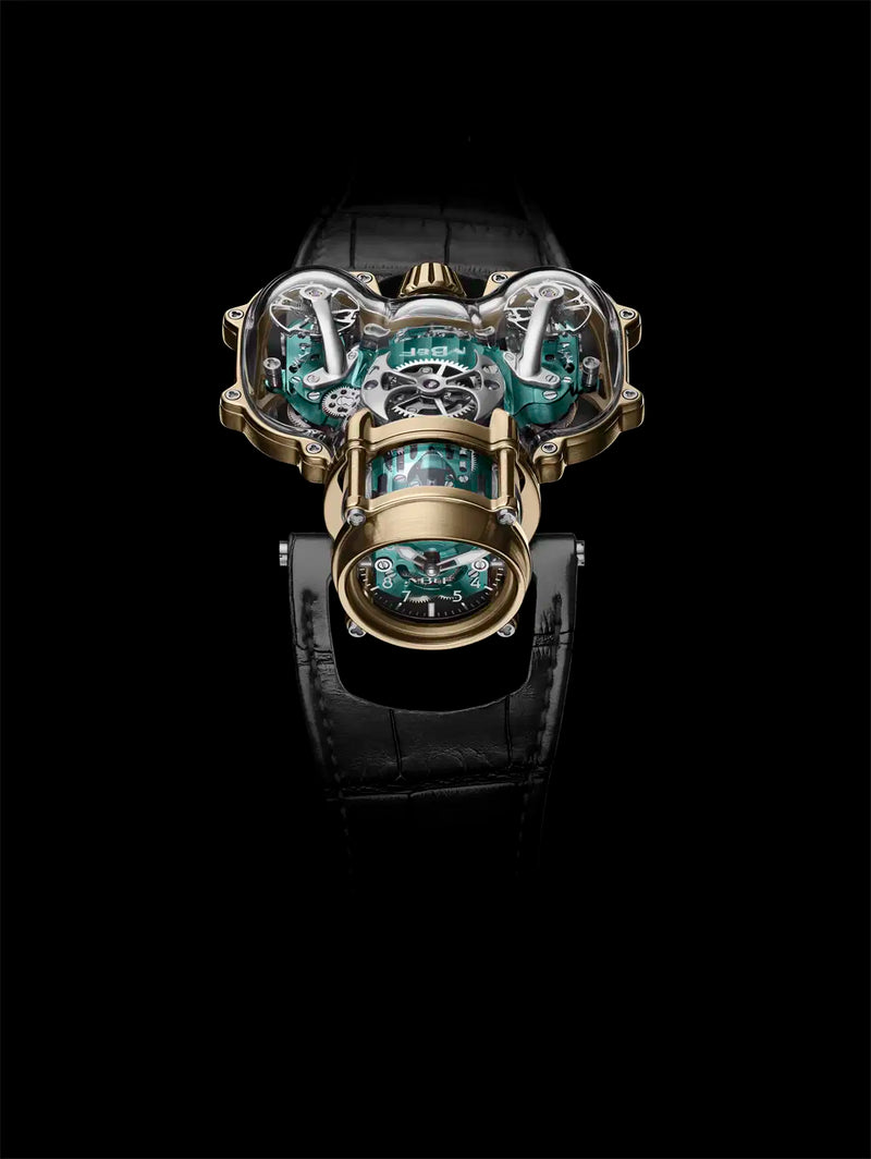 MB&F 91.SYL.GR  Horological Machine No.9 'Flow'  Sapphire Vision Yellow Gold Green Dial Limited Edition