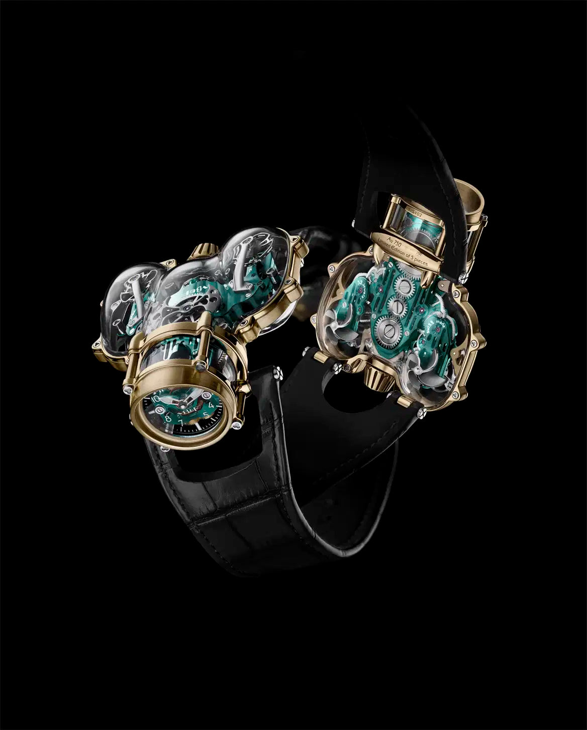 MB&F 91.SYL.GR  Horological Machine No.9 'Flow'  Sapphire Vision Yellow Gold Green Dial Limited Edition