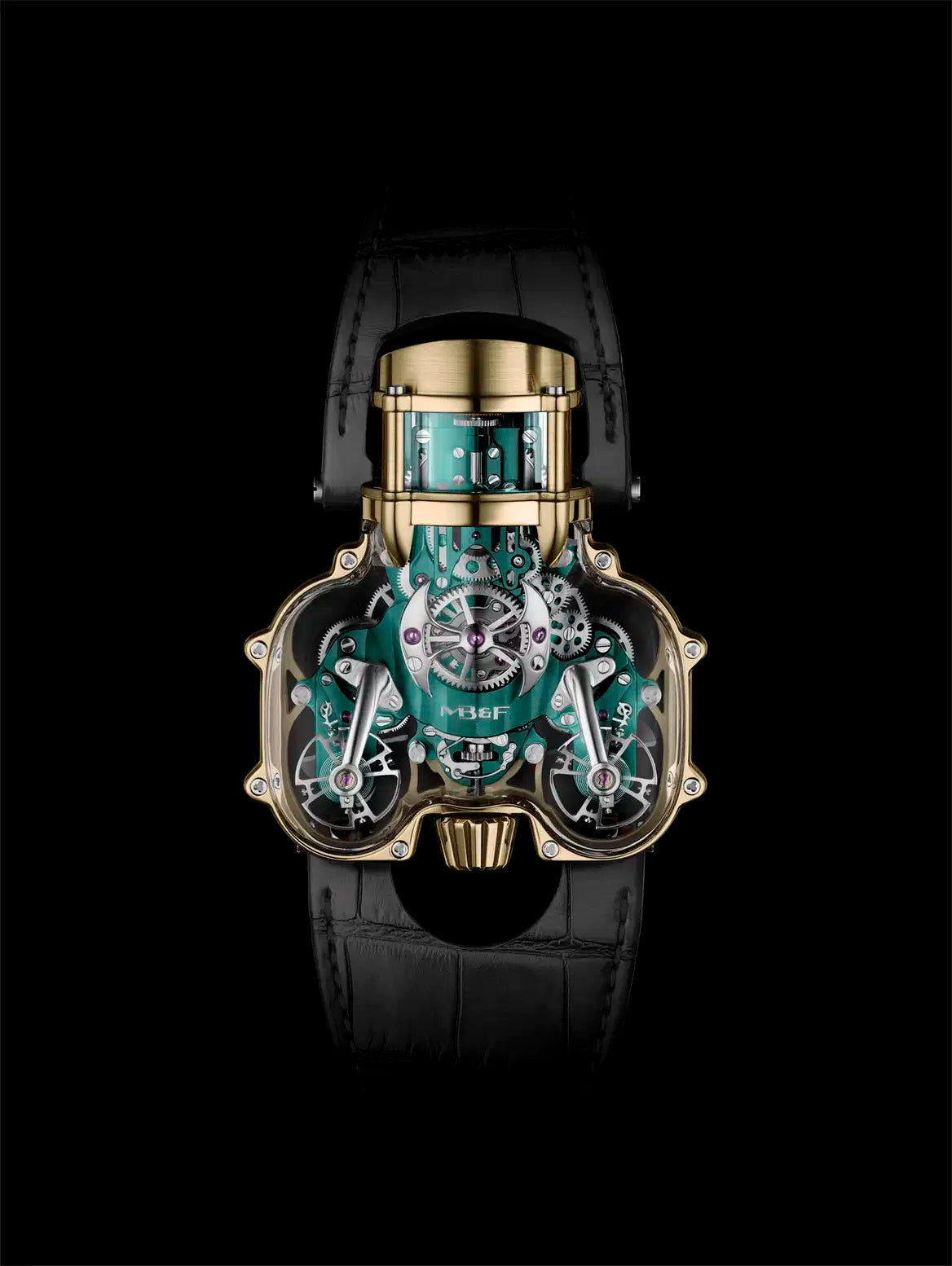 MB&F 91.SYL.GR  Horological Machine No.9 'Flow'  Sapphire Vision Yellow Gold Green Dial Limited Edition