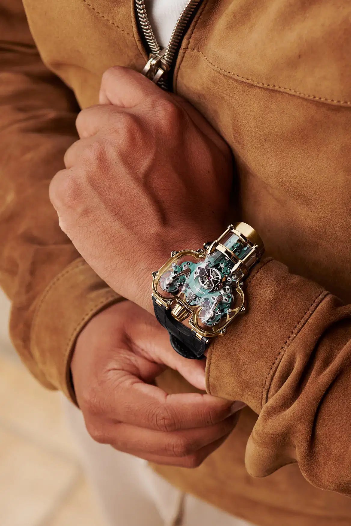 MB&F 91.SYL.GR  Horological Machine No.9 'Flow'  Sapphire Vision Yellow Gold Green Dial Limited Edition