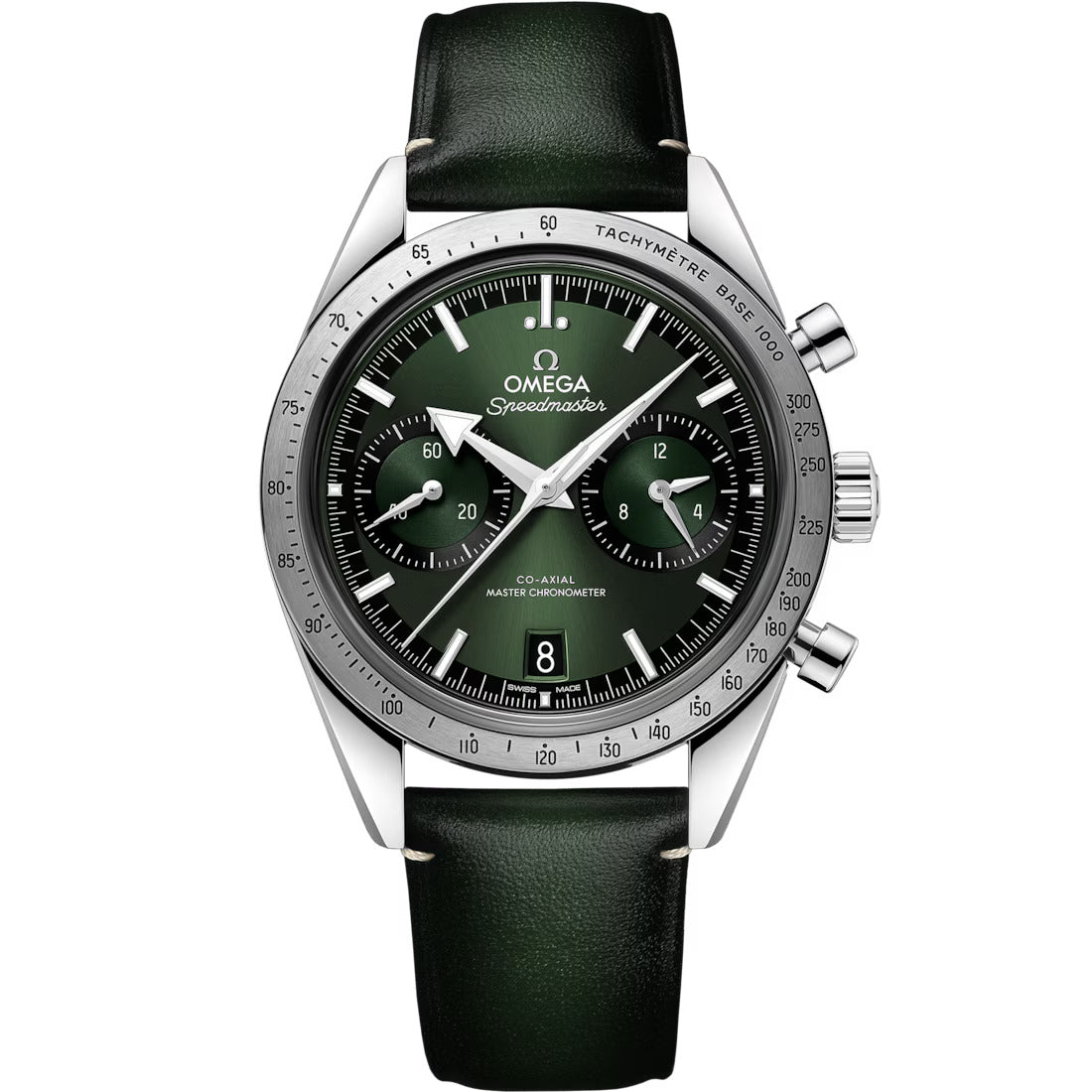 Speedmaster 57' Steel on Leather Strap Green