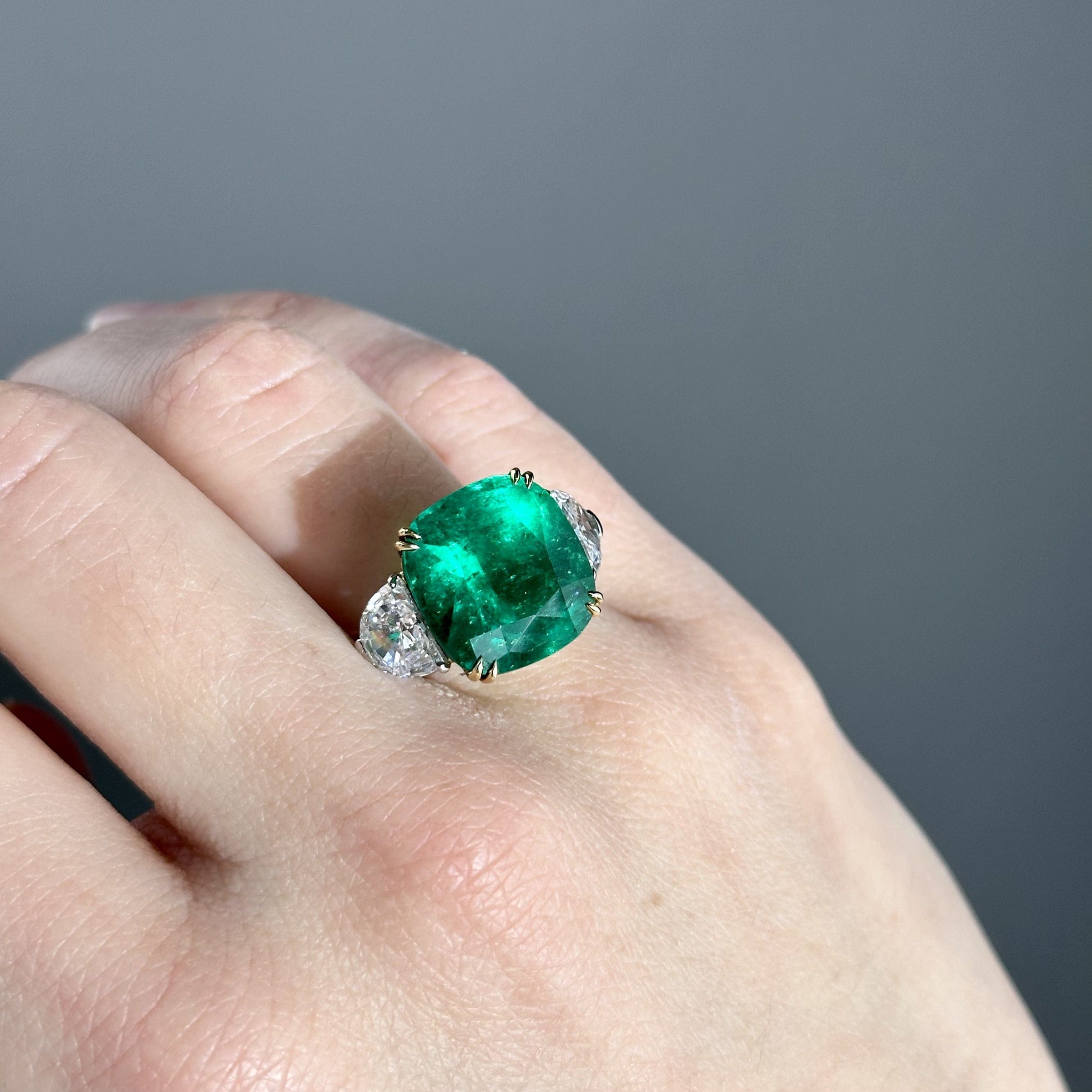 One-of-a-Kind Cushion-Cut Colombian Emerald Ring With Diamonds