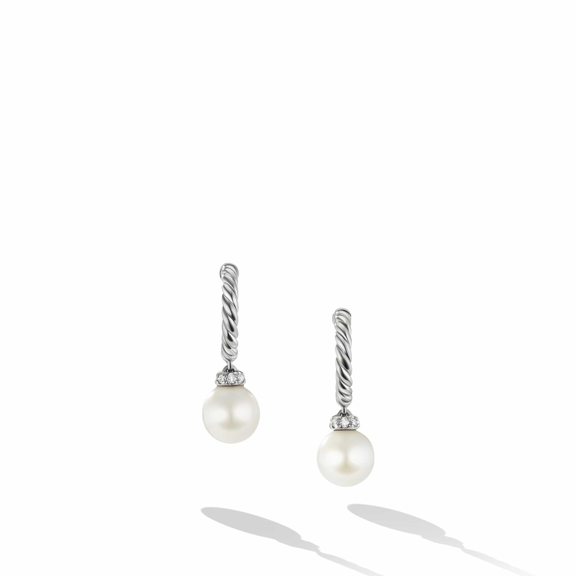 Pearl and Pave Drop Earrings in Sterling Silver with Diamonds