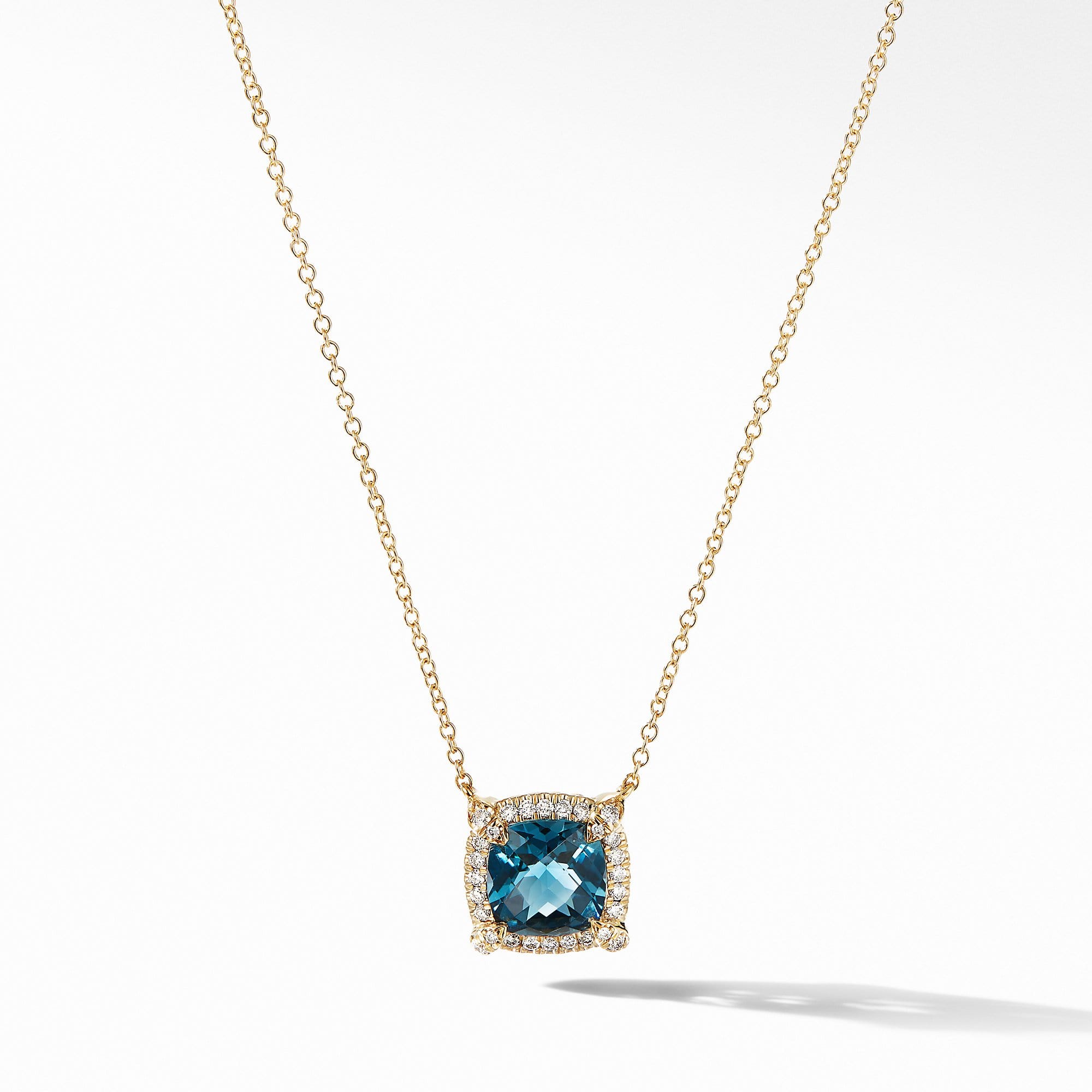 Petite Chatelaine Pave Bezel Pendant Necklace in 18K Yellow Gold with Hampton Blue Topaz