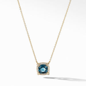 Petite Chatelaine Pave Bezel Pendant Necklace in 18K Yellow Gold with Hampton Blue Topaz
