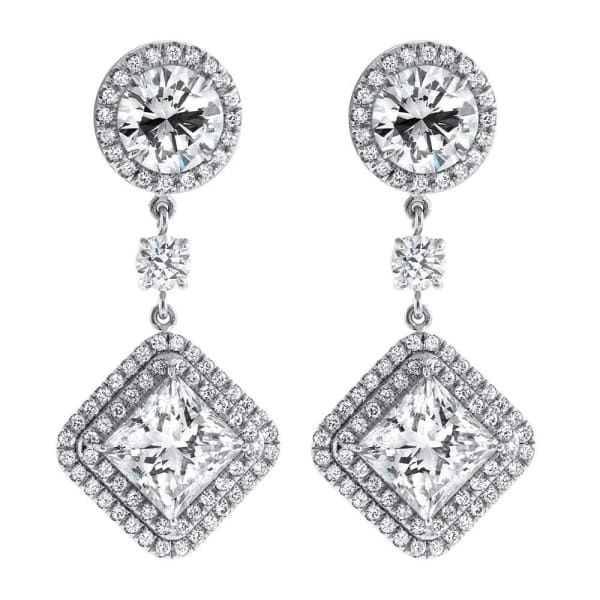 12.99ct. Diamond Halo Drop Earrings Set In Platinum, Princess Cut & Round Brilliant Cut