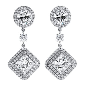 12.99ct. Diamond Halo Drop Earrings Set In Platinum, Princess Cut & Round Brilliant Cut