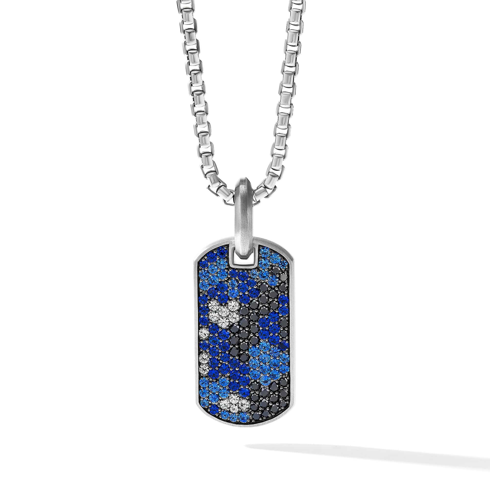Streamline Tag in Sterling Silver with Pave Black Diamonds and Sapphires