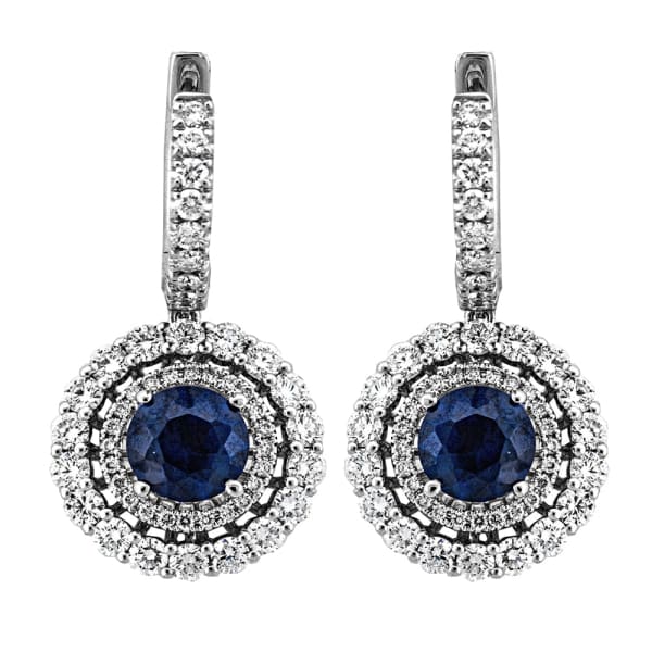 2.10ct. Diamond with Sapphire Center Stone Earrings Set In 18K White Gold, Prong Set