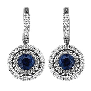 2.10ct. Diamond with Sapphire Center Stone Earrings Set In 18K White Gold, Prong Set