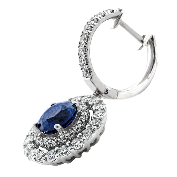 2.10ct. Diamond with Sapphire Center Stone Earrings Set In 18K White Gold, Prong Set