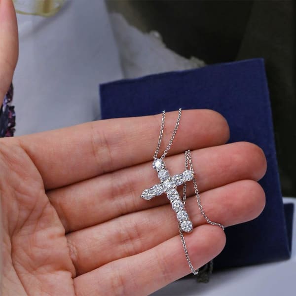 2.15ct. Natural Diamond Cross Pendant Set In 14K White Gold, Prong Set Brilliant Round Cut
