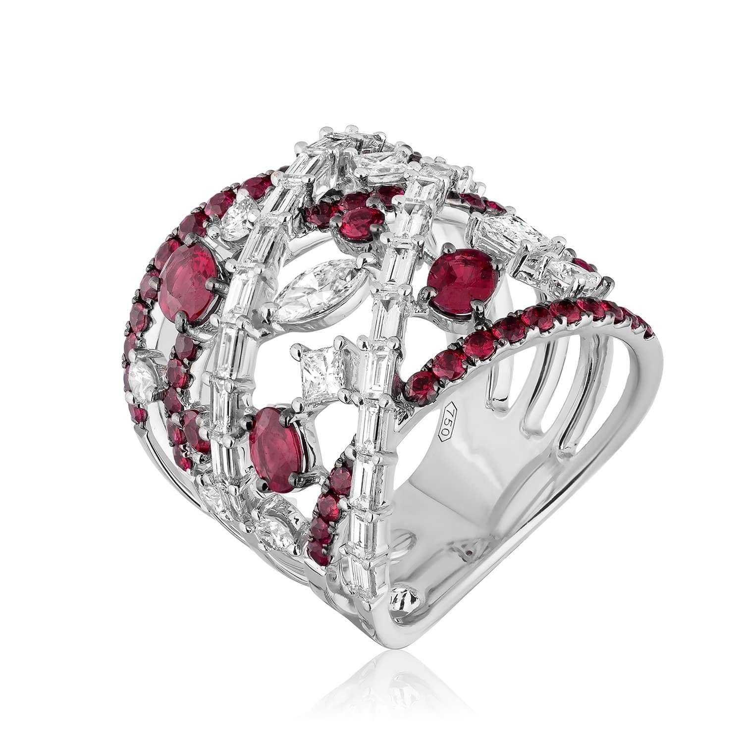 White Gold Diamond and Ruby Stacked Ring