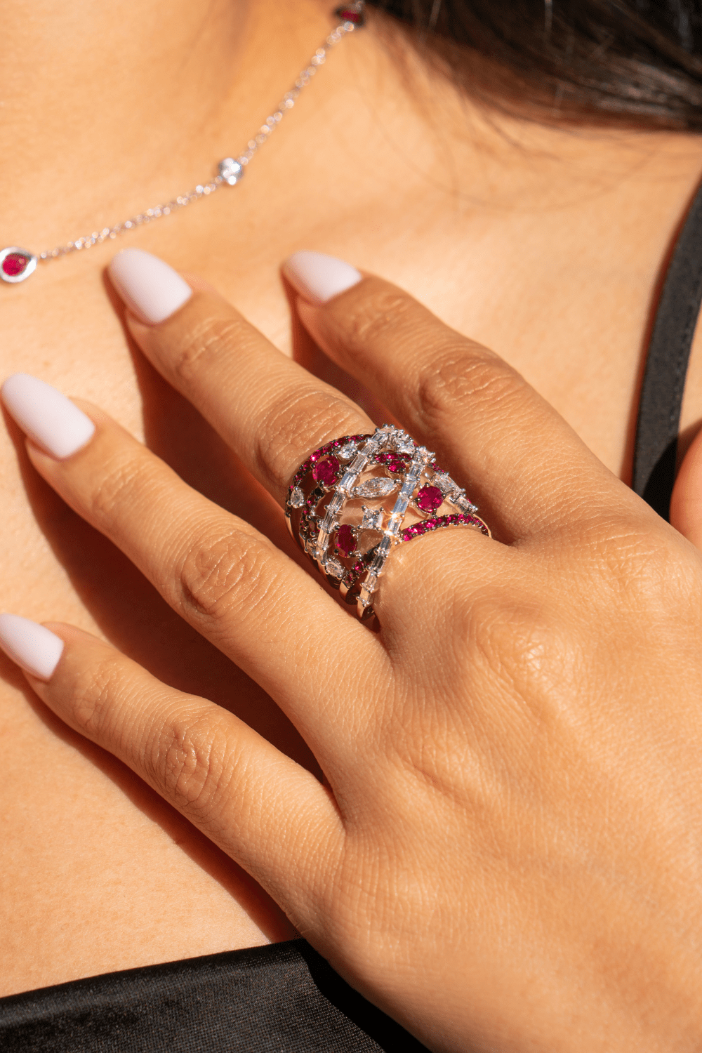 White Gold Diamond and Ruby Stacked Ring