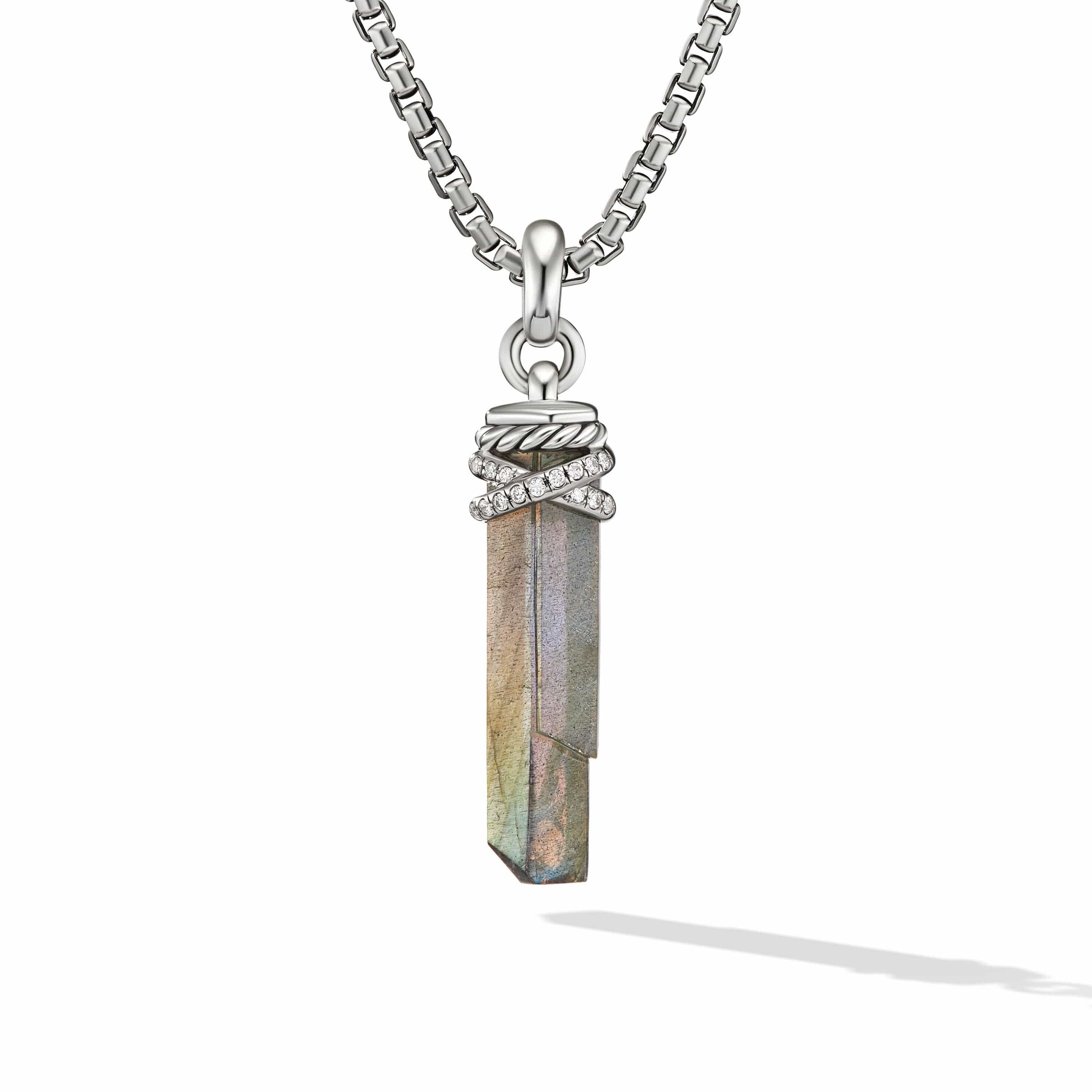 Wrapped Labradorite Crystal Amulet with Sterling Silver and Pave Diamonds