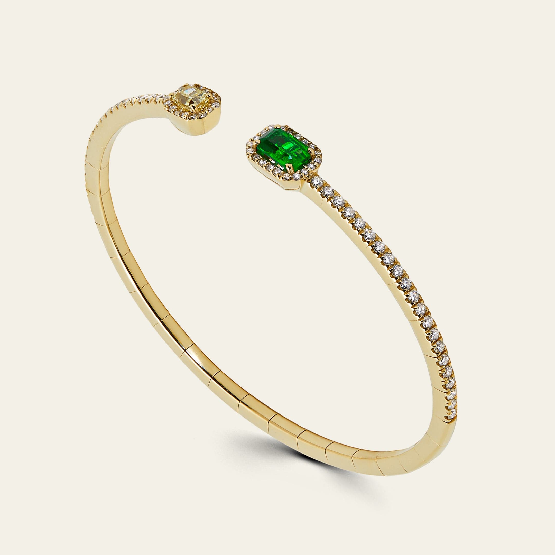 Yellow Diamond and Emerald Flexible Open Bangle