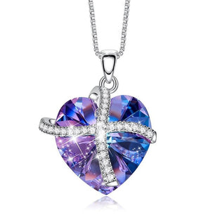 Austrian Crystals Purple Passion Pave Heart Ribbon  Necklace