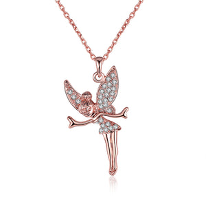 Austrian Elements Pav'e Angel Pendant Necklace in 14K Rose Gold Plating