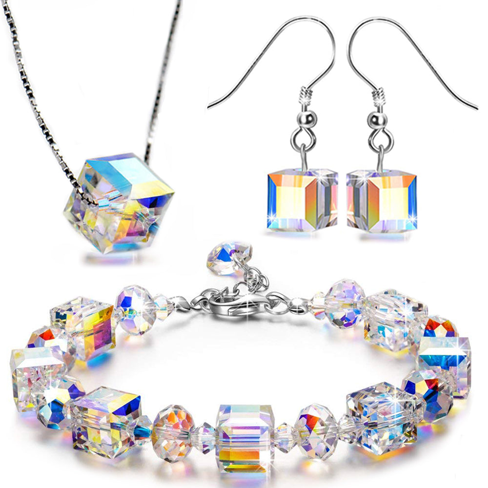 Aurora Borealis Magnificent Cube With Swarovski Crystals - 3 Piece Set with Luxe Box