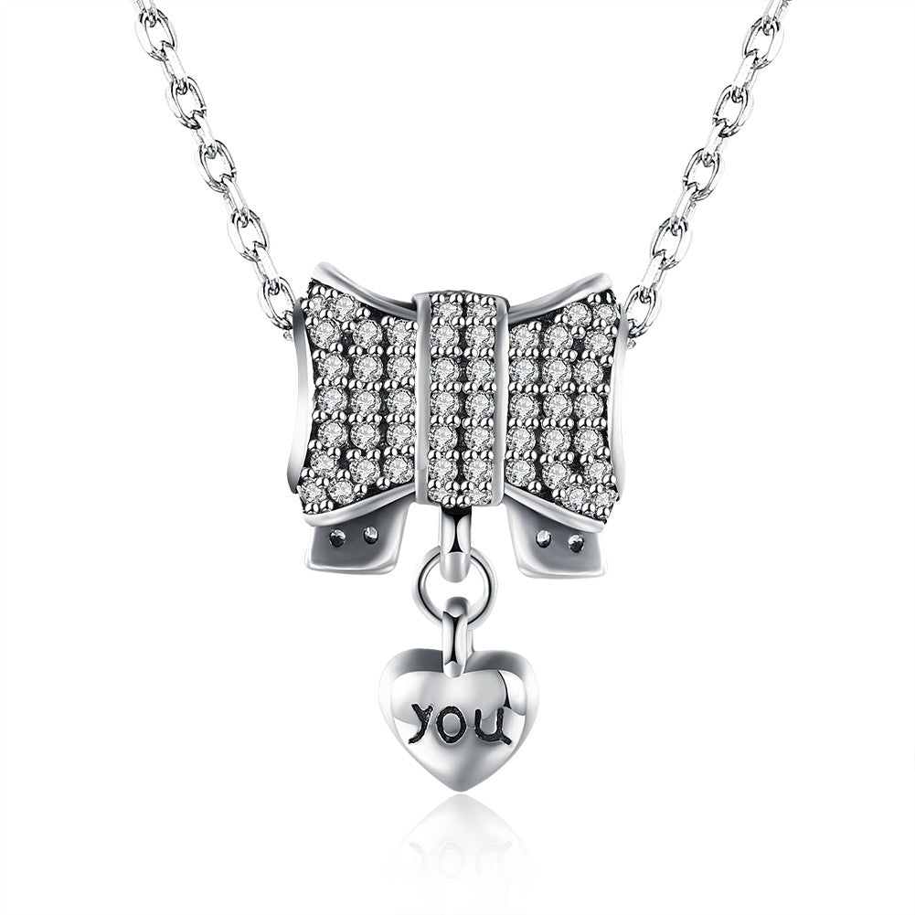 Sterling Silver Tiffany Pave Bow "Heart YOU" Pendant Necklace - Golden NYC Jewelry