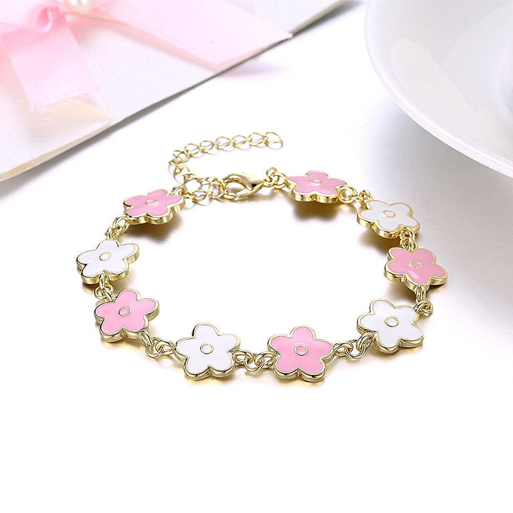 White & Pink Enamel Clover Bracelet in 14K Gold