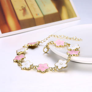 White & Pink Enamel Clover Bracelet in 14K Gold