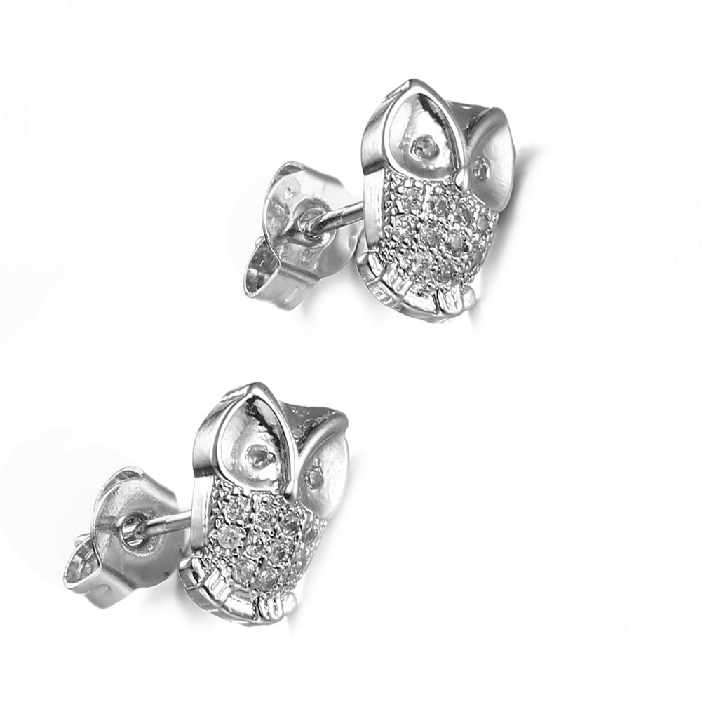 Swarovski Crystal Pave Owl Stud Earring in 18K White Gold Plated