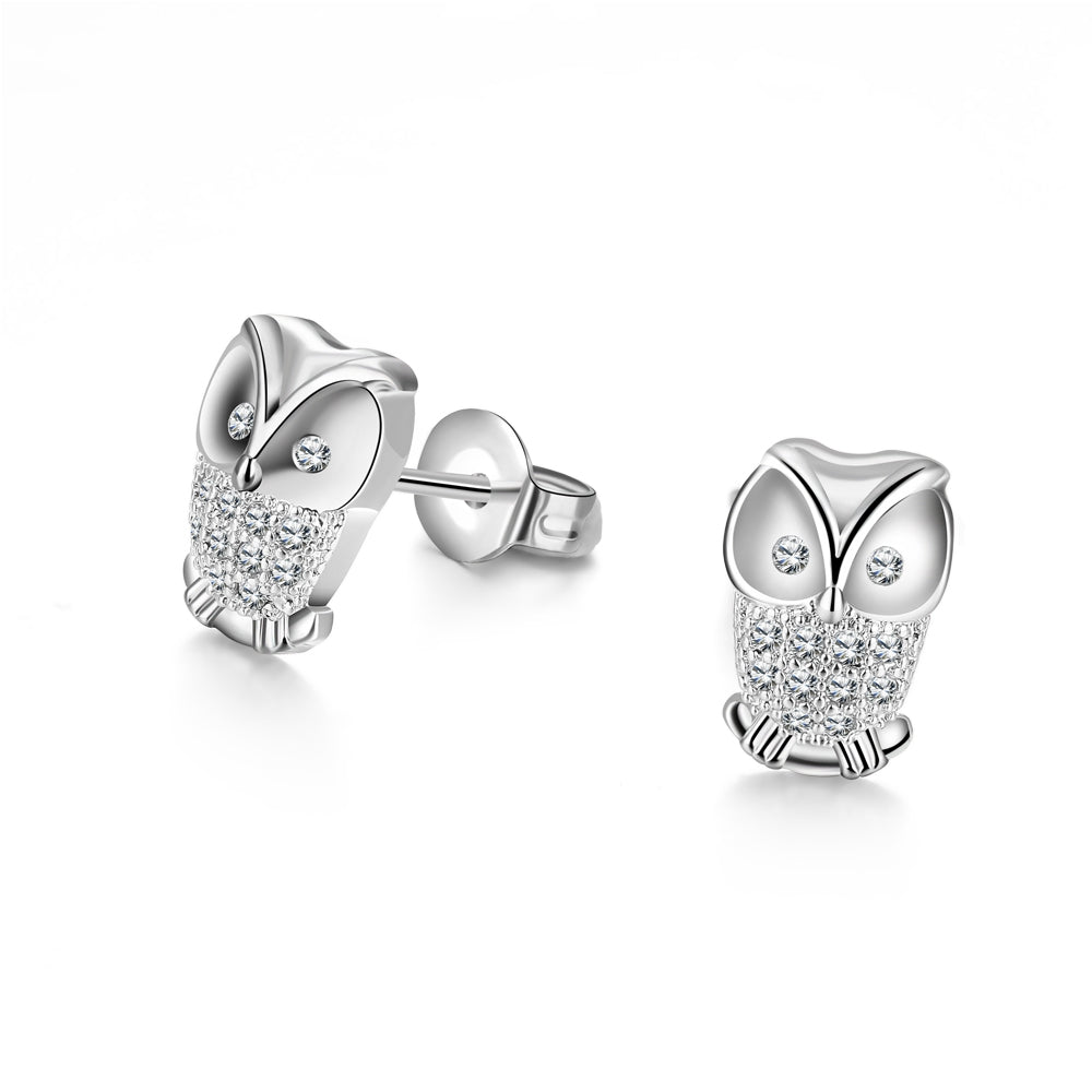 Swarovski Elements Pave Owl Studs in 18K White Gold