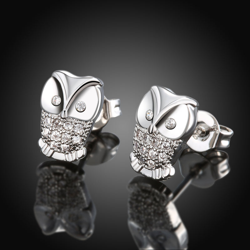 Swarovski Elements Pave Owl Studs in 18K White Gold
