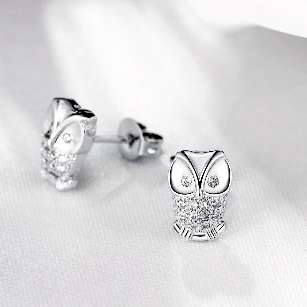 Swarovski Elements Pave Owl Studs in 18K White Gold