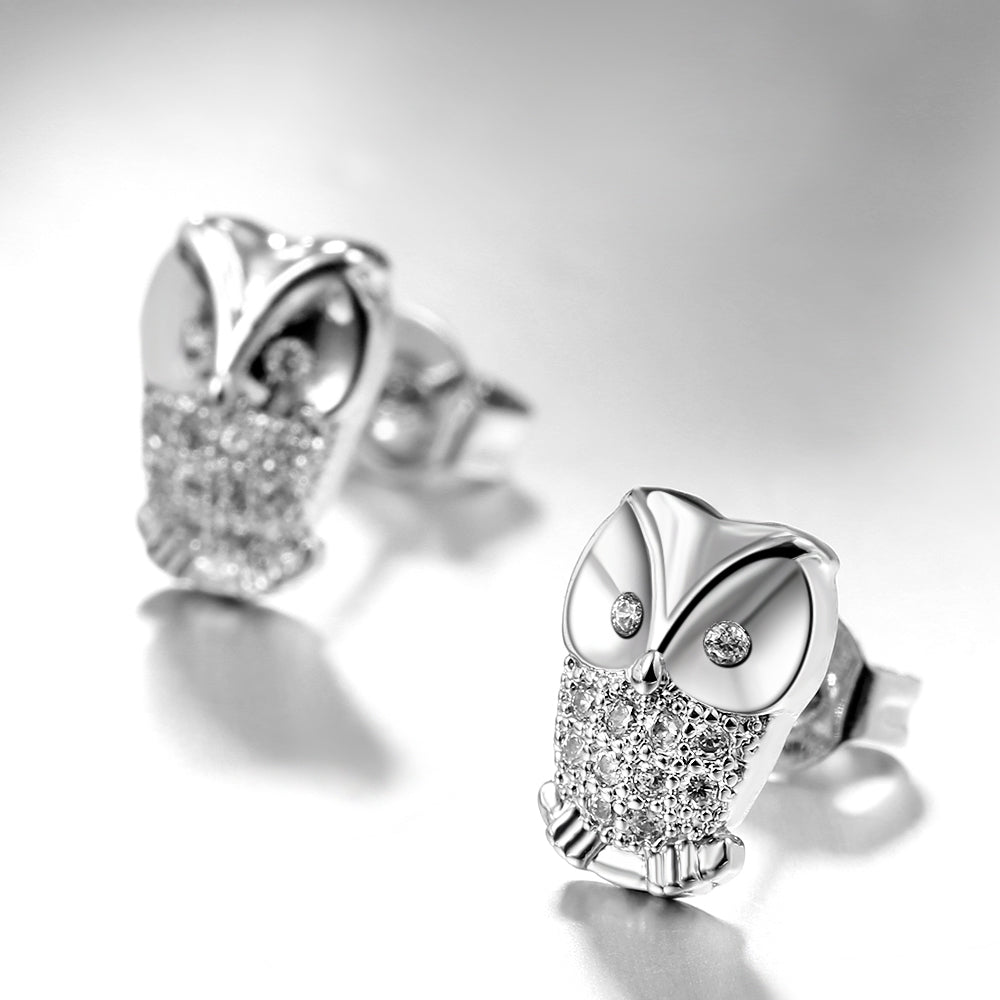 Swarovski Crystal Pave Owl Stud Earring in 18K White Gold Plated