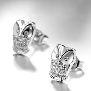 Austrian Crystal Pave Owl Stud Earring in 18K White Gold Plated