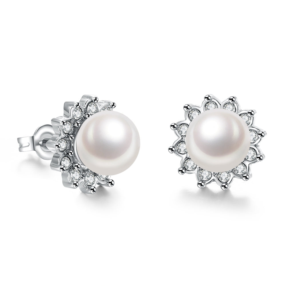 Austrian Crystal Pearl Stud Earring in 18K White Gold Plated