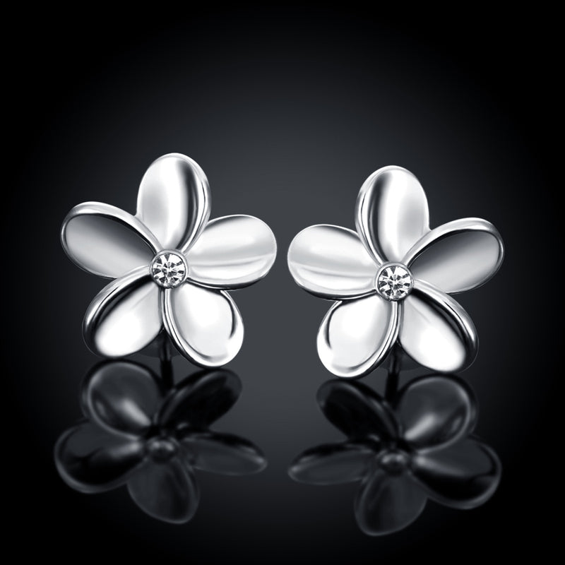 Austrian Crystal Flower Stud Earring - 14K White Gold Plated