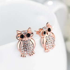 Austrian Crystal Large Owl Stud Earring in 18K Rose Gold Plated