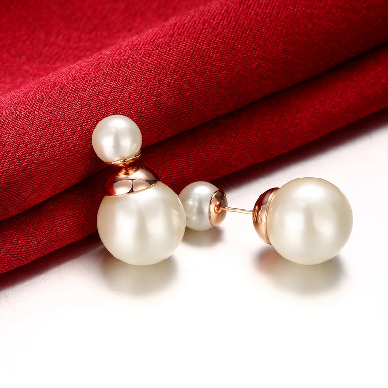 Double Pearl Earring Stud Earring in 18K Rose Gold Plated