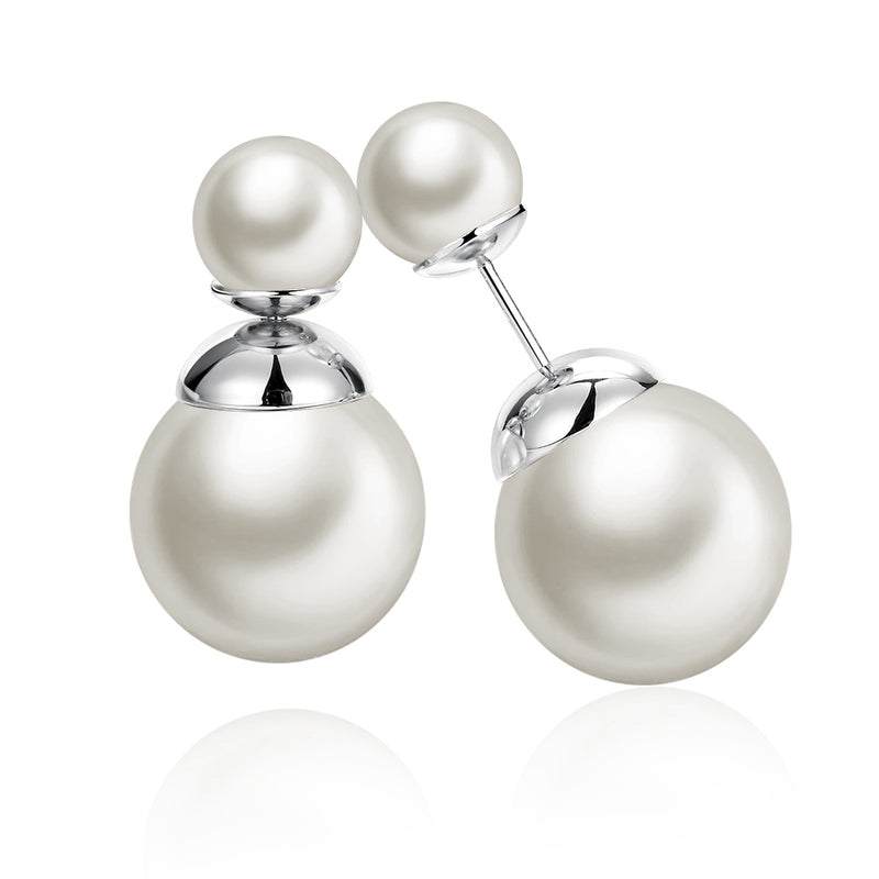 Double Pearl Earring Stud Earring in 18K White Gold Plated