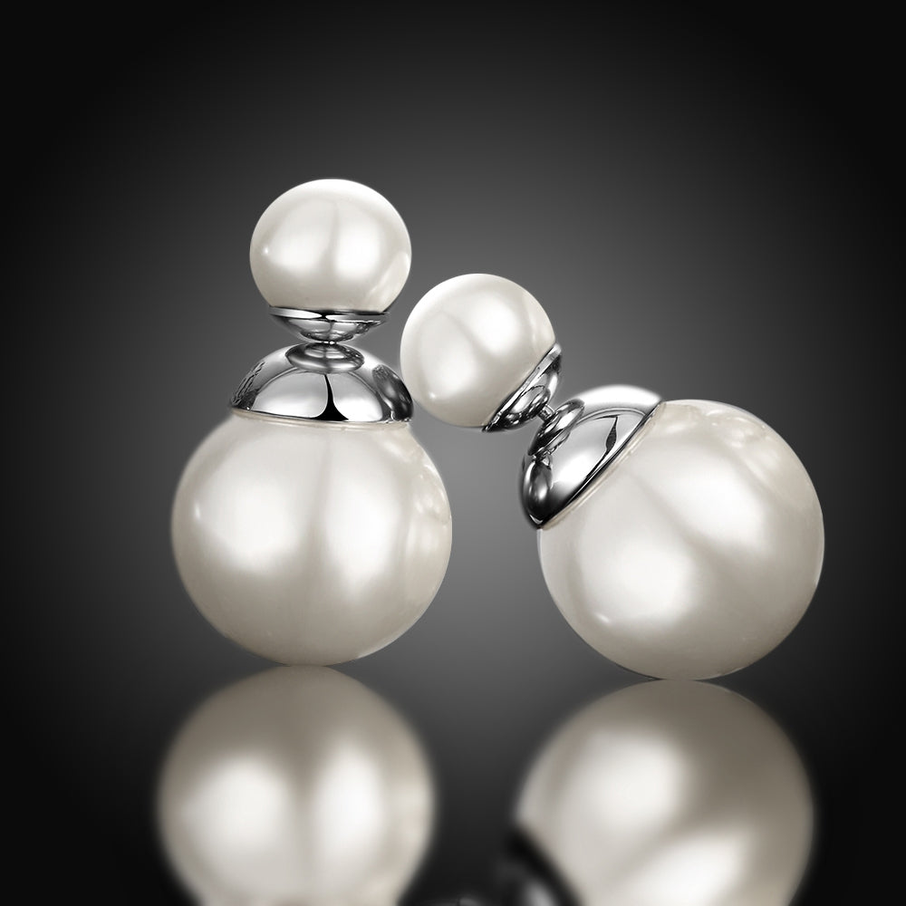 Double Pearl Earring Stud Earring in 18K White Gold Plated