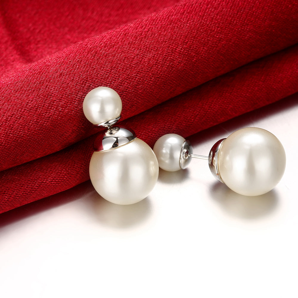 Double Pearl Earring Stud Earring in 18K White Gold Plated