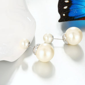 Double Pearl Earring Stud Earring in 18K White Gold Plated