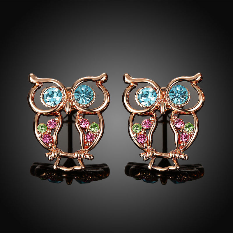 Swarovski Crystal Owl Stud Earring in 18K Rose Gold Plated
