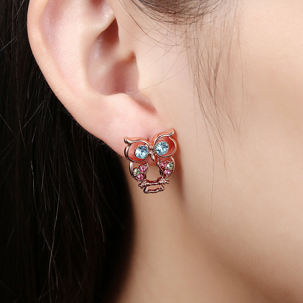 Austrian Crystal Owl Stud Earring in 18K Rose Gold Plated