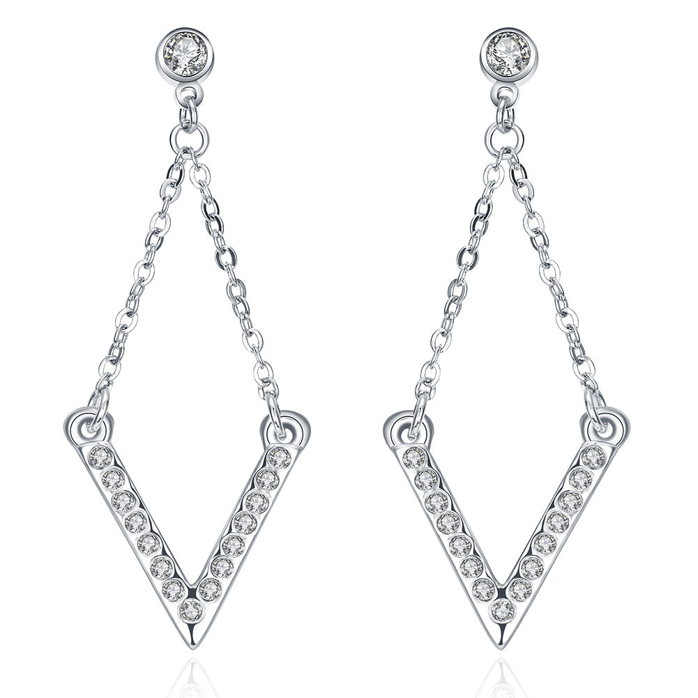 Pave V Drop Earring in 18K White Gold Plated