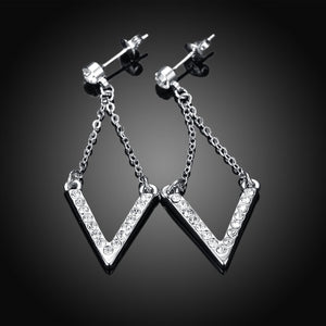 Pave V Drop Earring in 18K White Gold Plated