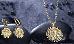 Roman Ingrain Medallion Earrings & Necklace Set in 18K Gold